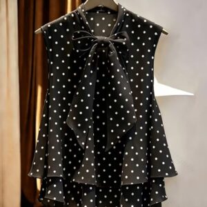 Polka Dot Sleeveless Blouse with Bow Ribbon