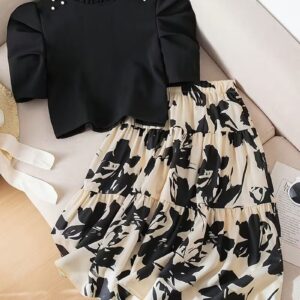 Girls' French Retro Puff Sleeve Set