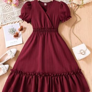 Girls' Vintage V-Neck Cinched Waist Dress