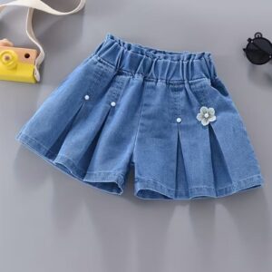 Girls' Korean Style Pleated Denim Skirt