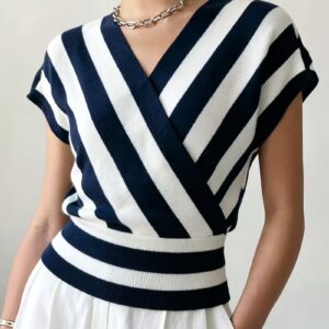 Women's INS Summer Cross-Neck Pullover Striped Sweater